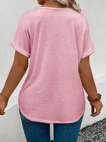 Selamara Camiseta casual y versátil de mujer con cuello en V, puños vueltos y estampado de corazón degradado, para primavera/verano - Rosa - Ver 2