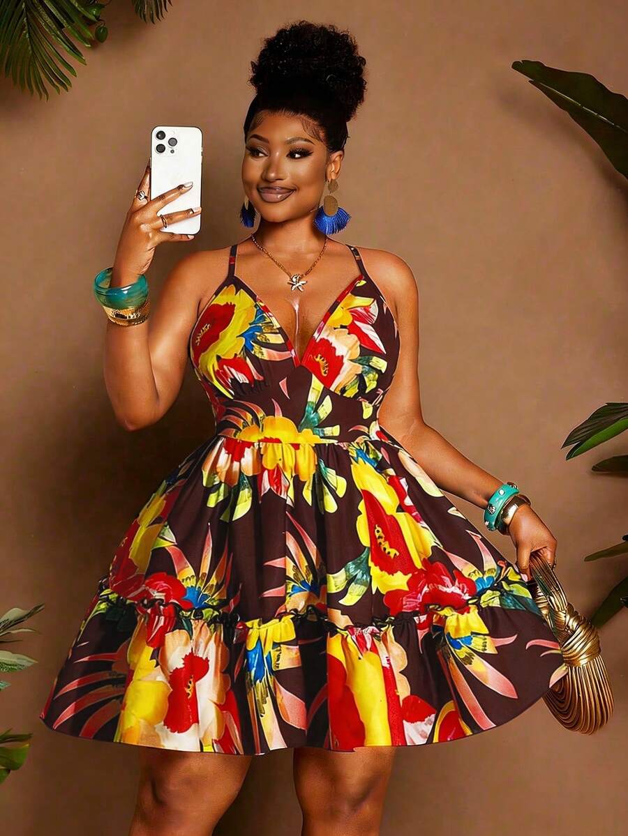 Maweii Vestido Longo Mulheres Plus Size com Estampa Floral Tropical, Cintura Elástica Franzida, Decote Nas Costas, Bainha Franzida, Adequado para Festa, Praia, Férias - Multicolorido - Visão 1