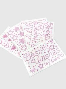 ROMWE Kawaii 5款组合粉钻贴纸，天使翅膀、爱心星星、美好祝愿、生日快乐字母，DIY手账装饰，钻石水钻闪粉和面部宝石 - 五張粉色組合 - 查看 3