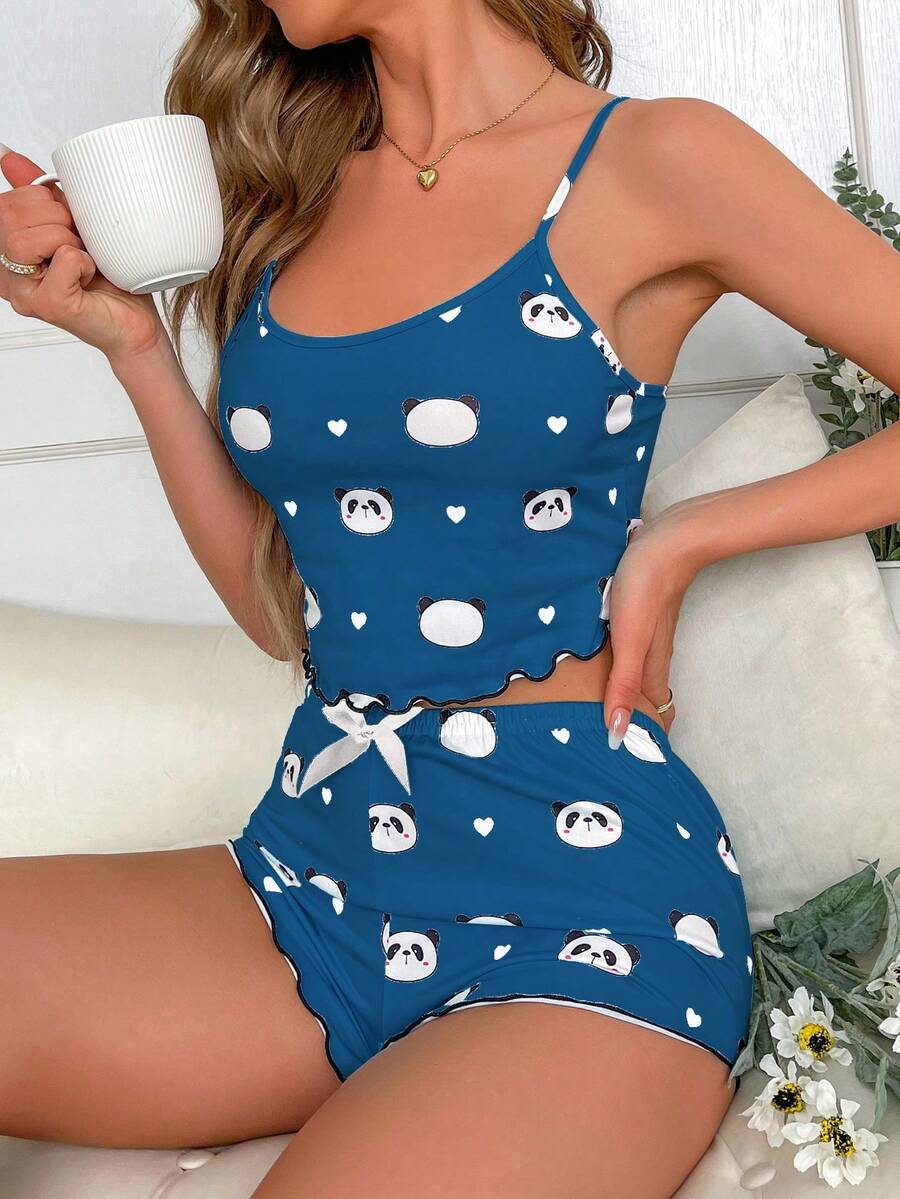 Softscene Panda Print Camisole & Shorts Pajama Set - Blue - View 1