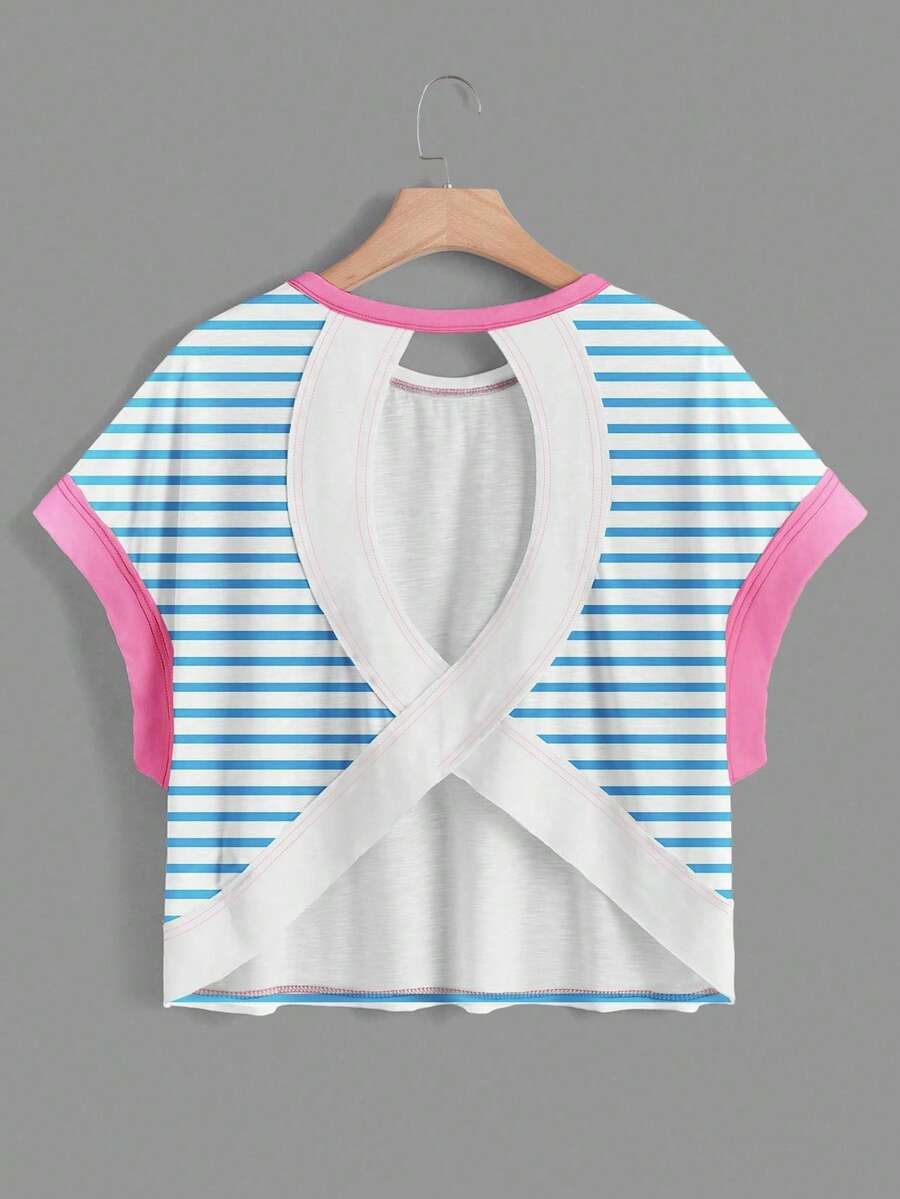 SHEIN Essnce 女士休闲圆领露背不对称下摆宽松无袖T恤，适合夏季穿着 - 藍色 - 查看 1