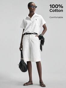Ontre Calça reta de perna alta em bege confortável e macia de tecido lavado para mulheres, com bolsos laterais, incluindo um elegante cinto preto, adequada para uso em negócios, casual, escritório, transporte urbano, aeroporto de alta qualidade, cruzeiro de luxo minimalista, shorts versáteis essenciais para as quatro estações - Branco - Visão 7