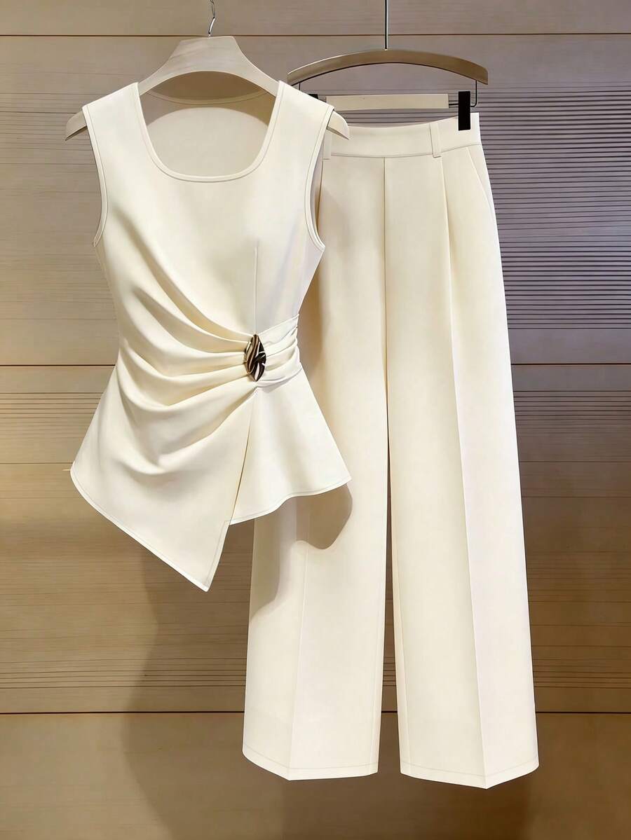 Franclia 杏色无袖上衣和阔腿裤套装，收腰显瘦通勤OL两件套 - 杏色 - 查看 1