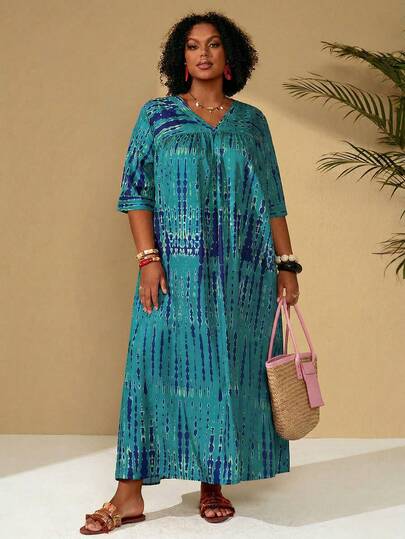 BrightlyHer Vestido largo de mujer talla grande de primavera con estampado de teñido anudado en rosa
