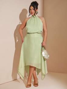 SHEIN BAE Elegantes ärmelloses Maxikleid mit Taillengürtel und Halterung - Grün - Übersicht 5