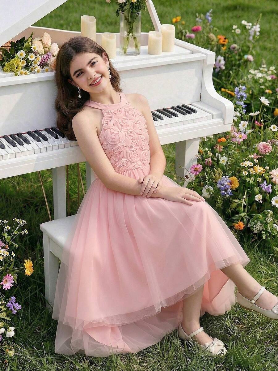 Đầm dạ hội sang trọng, thanh lịch, màu hồng với họa tiết hoa hồng 3D, thiết kế cổ yếm, eo thắt, chất liệu voan hai lớp mềm mại, dành cho bé gái tuổi teen. - Hồng - Xem 1