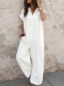 Selamara Casual Vacation Style White Linen-Feel Collared Short Sleeve Wide Leg Jumpsuit - Beige - View 1