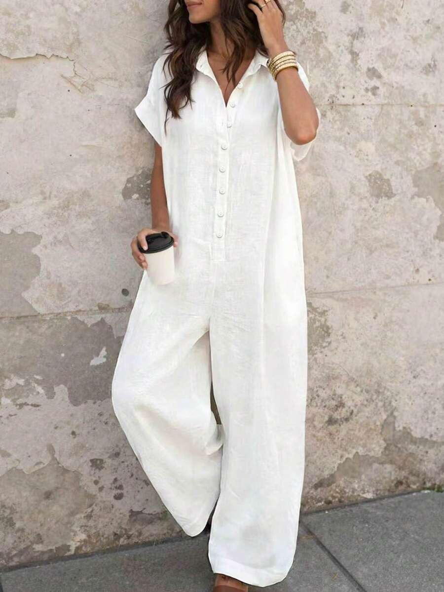 Selamara Casual Vacation Style White Linen-Feel Collared Short Sleeve Wide Leg Jumpsuit - Beige - View 1