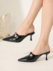 CUCCOO CHICEST Pointed Sexy Metal Buckle Black Patent Leather Mid-Heel Comfortable Versatile Fairy Temperament Female Closed Toe Slippers - Black - View 1