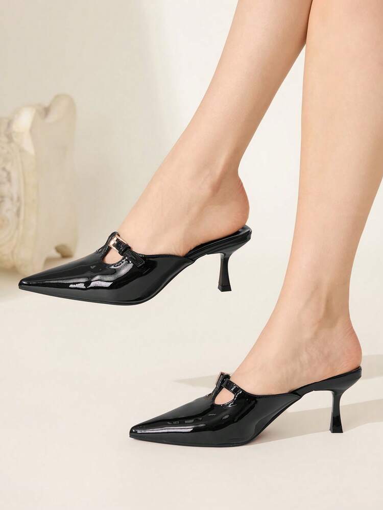 CUCCOO CHICEST Pointed Sexy Metal Buckle Black Patent Leather Mid-Heel Comfortable Versatile Fairy Temperament Female Closed Toe Slippers