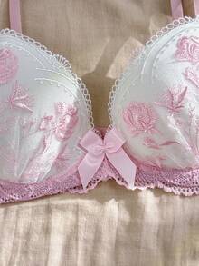Women's Floral Embroidery Lace Fashion Lingerie Set - Pink - View 3