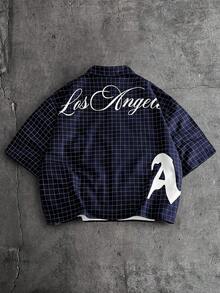 AXEPEAK Men's Loose Fit Letter & Plaid Print Short Sleeve Woven Shirt - Navy Blue - View 3