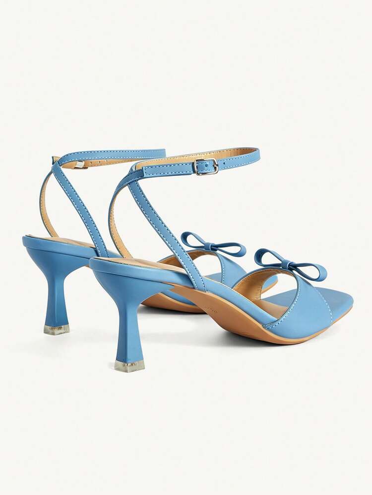 CUCCOO CHICEST French Girl Style Blue Bow Sandals, One-Word Buckle With Stiletto And Square Head, Wearing Versatile Single Shoes
