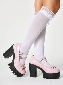 ROMWE Kawaii Giày Rock Punk Gothic tối màu với một khóa cài và gót kim loại dày, giày lười cổ thấp, giày công sở trang trọng, giày Mary Jane Nhật Bản, giày da nhỏ, giày cao gót nữ. - Màu hồng sáng da nơ bướm - Xem 4