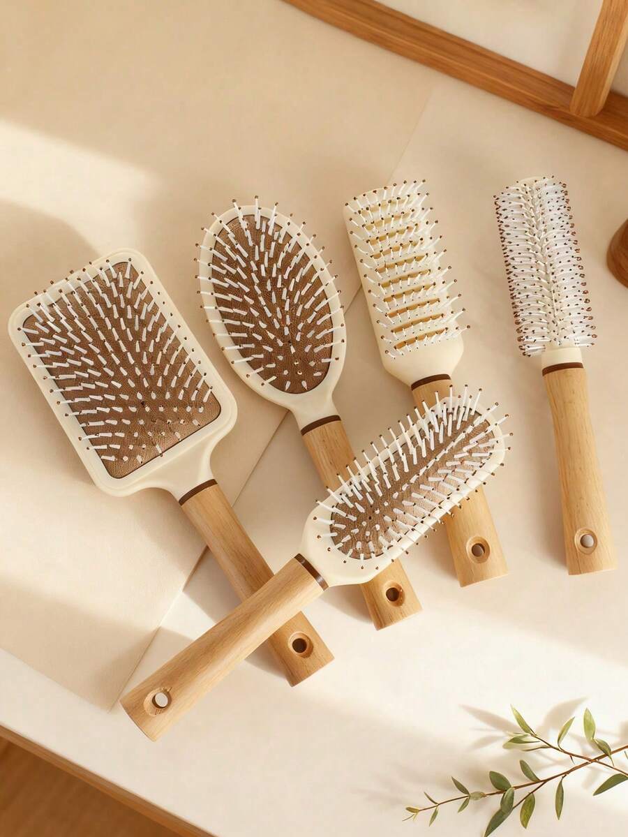 1/2件套气垫美发梳套装,木质和硅胶材质,包含气垫梳、滚轮梳、肋状梳、空心梳,耐热,多功能,超柔软长柄梳,适合个人和沙龙使用,适用于卷发或直发。 - 彩色 - 查看 1
