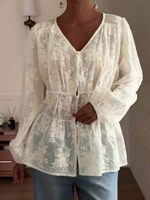 DAZY Blusa blanca de encaje de estilo casual de vacaciones para mujeres, primavera y verano - Blanco - Ver 5