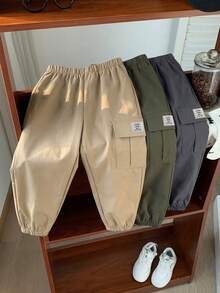SHEIN 3件套男童休闲运动街头风可爱度假黑色装饰条纹宽松绿色、黑色、卡其色慢跑裤，适合日常穿着、上学、外出、运动，春夏秋冬皆宜。 - 彩色 - 查看 2