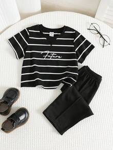 2件套婴儿/男婴春夏休闲时尚黑色条纹短袖T恤和裤子套装，男婴服装，男婴夏季服装，街头服饰 - 黑色 - 查看 4