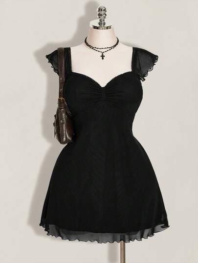 SHEIN ICON 大码女式黑色网纱心形领连衣裙