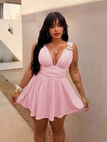 Rustia Plus Size Women Solid Color Metal Decor Ruched Fashionable Date Dress - Baby Pink - View 5