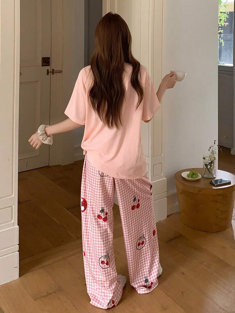 Women's Letter Print Round Neck Short Sleeve Top And Plaid Print Pants Pajama Set