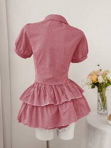 Sweetra Plus Size 2pcs Plaid Short Sleeve Shirt Ruffle Shorts Set, Casual Curve Fairycore Comfortable For Spring/Summer Vacation White - Red and White - View 2