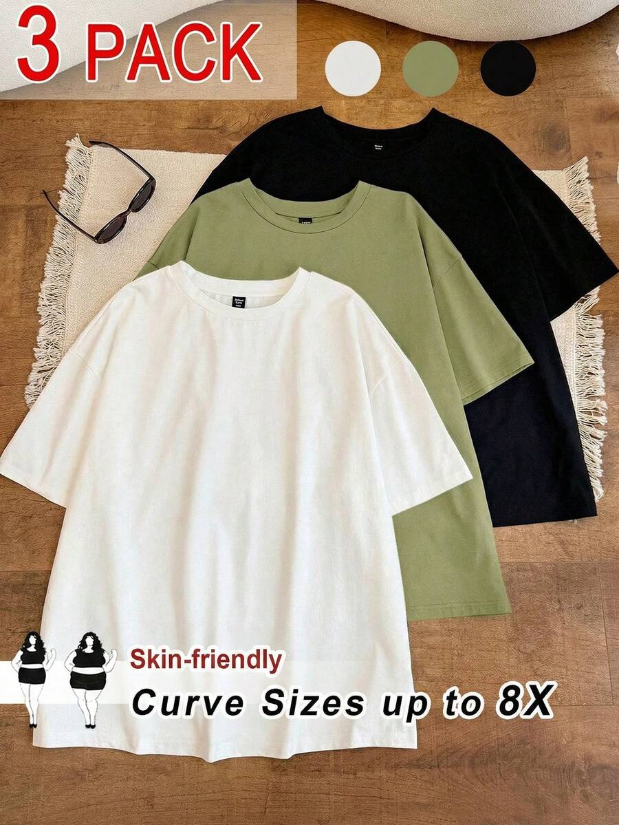 SHEIN CURVE+ 3pcs/Set Plus Size Summer Loose Fit Crew Neck Versatile Short Sleeve T-Shirts In White, Black And Gray,Curve Plus ,Hoho Vacation - Multicolor - View 1