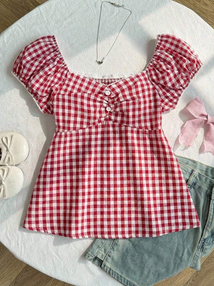 SHEIN 青少年女孩休閒日常時尚復古紅白格紋短袖襯衫 - 酒紅色 - 查看 1