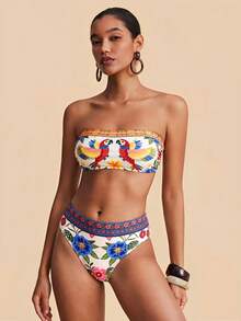 Travachic Women Floral Print Bandeau Bikini Set,Summer Outfits For Women,Swimsuits For Woman,Bathing Suits For Women - Multicolor - View 3