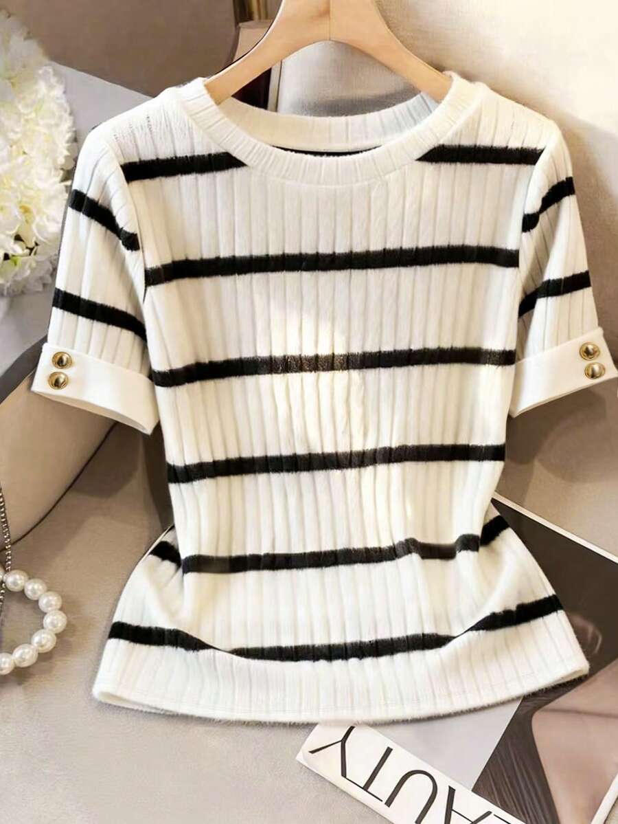 Franclia Women's Casual Commuter Striped Short Sleeve T-Shirt, Summer