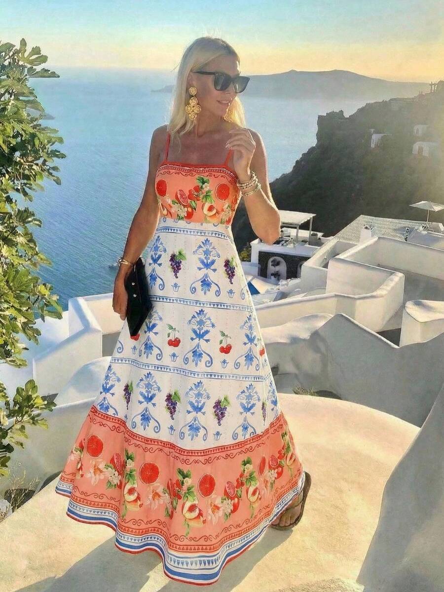 Vivid Eden 女士夏季沙滩度假水果印花吊带长裙 - 紅色 - 查看 1