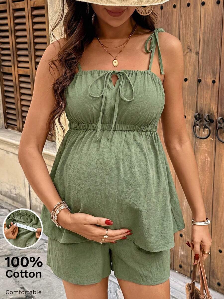 SHEIN Maternity Solid Color Ruched Camisole And Shorts Casual 2 Pieces Set - Army Green - View 1