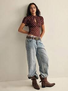 Casual Retro Sheer Polka Dot Sexy Blouse For Women,Summer Top Peplum Top Short Sleeve Top Polka Dot Top Brown Polka Dot Top - Multicolor - View 6