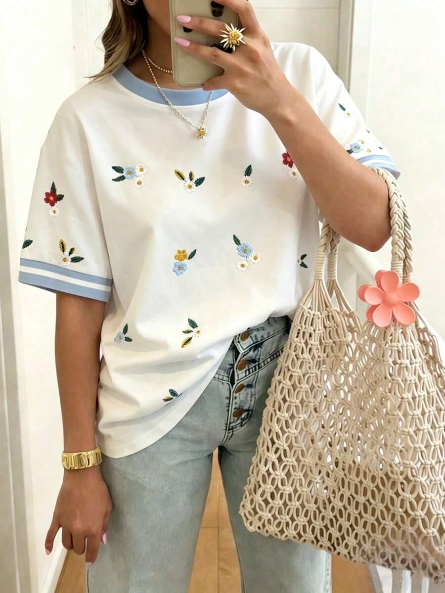 EMERY ROSE Áo thun nữ tay ngắn cổ tròn phối màu tương phản, kiểu dáng thường ngày, đa năng cho mùa hè. - Nhiều màu - Xem 1