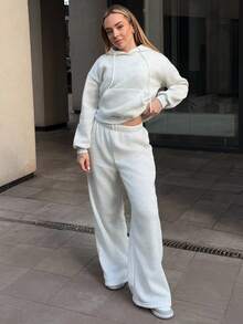 Katetique 2pcs Women Simple Solid Color Long Sleeve Hooded Top And Pants Casual Set Fall Cloth For Women - Light Grey - View 6