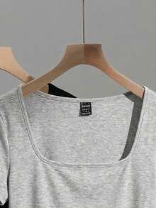 SHEIN EZwear 两件套女士方领短袖休闲修身性感T恤，适合秋冬季街头穿搭，黑色和灰色 - 彩色 - 查看 7