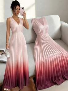SHEIN Elenzya Robe élégante et romantique pour femmes, avec col en V sans manches, plis à la taille dans le dos et dégradé de couleurs - Multicolore - Voir 4