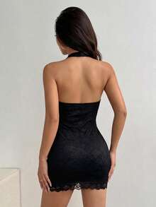 SHEIN PETITE Damen Spitze halb-transparentes trägerloses kurzes sexy Kleid - Schwarz - Übersicht 2