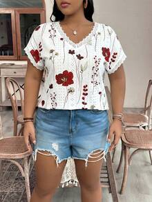 SHEIN VCAY 大码女式V领印花休闲百搭日常T恤 - 彩色 - 查看 5