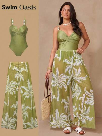 Plus Size 2-Piece Women Olive Green,Summer,Elegant,Vacation,Holiday Swimsuit&Coconut Tree Print Pants Set,Crossover Strap Marble Print Swimwear