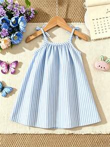 Kleine Mädchen Gestreiftes Blumen Süßer Kaninchen Muster Cami Kleid, Süß, Modisch, Geeignet für Ausflüge, Kleider, Alleiniges Tragen im Sommer, Urlaub, Kleider für Camping, Outdoor-Aktivitäten, Süßes Tier, Kawaii, Frische Blumen - Verschiedenfarbig - Übersicht 2