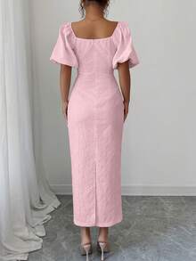 Modelyn 女士提花梭织短袖收腰中长修身连衣裙 - 粉色 - 查看 2