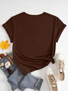 SHEIN New Fashion Women Butterfly & Leopard Print Round Neck Short Sleeve T-Shirt - Chocolate Brown - View 2