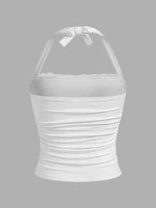 SHEIN Girlism 少女春夏街头风百搭休闲度假无肩带褶皱弹力蝴蝶结修身露脐上衣 - 白色 - 查看 2