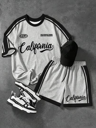 Aesthetic Post 男士复古美式加州字母印花撞色织带插肩袖宽松T恤套装，夏季