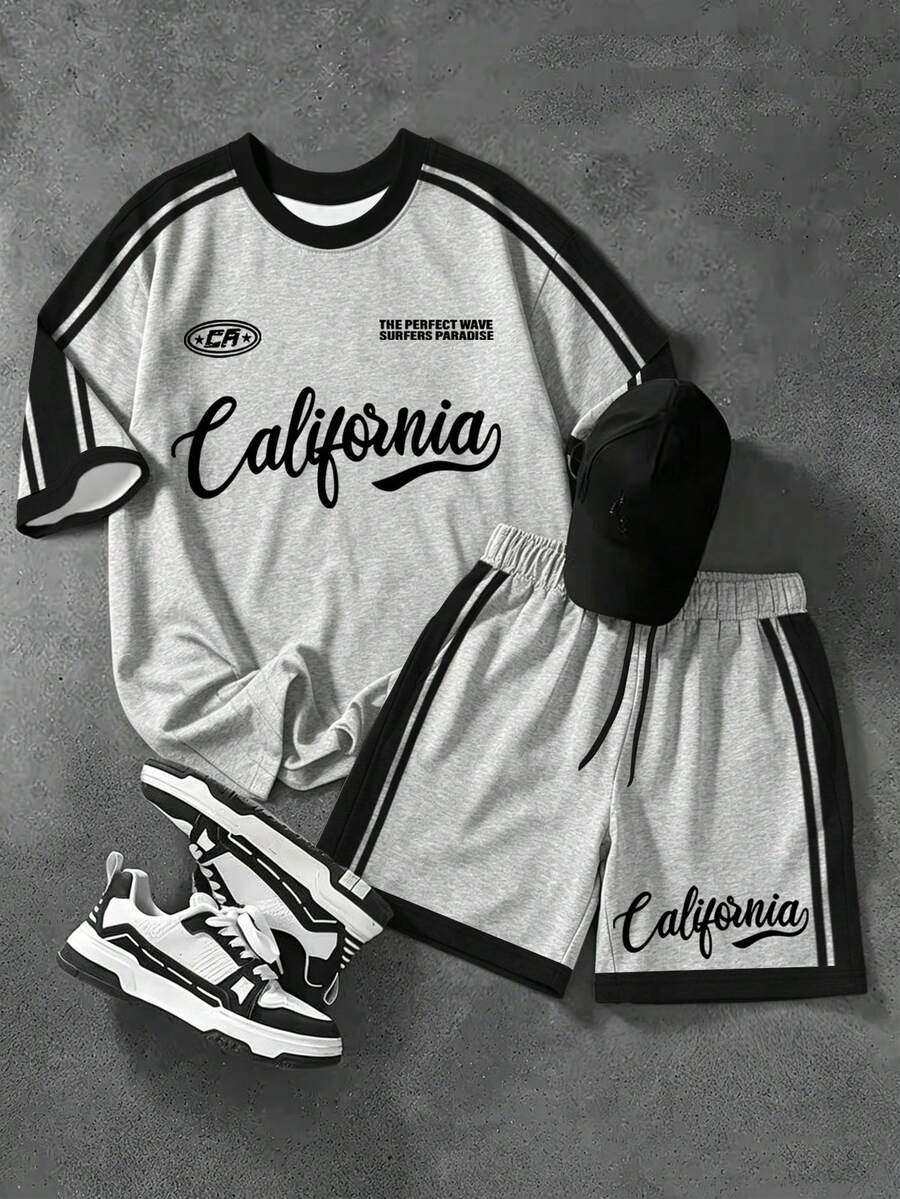 Manfinity Campus Court Men's Retro American California Letter Print Contrast Color Tape Raglan Sleeve Loose Fit T-Shirt Set, Summer - Multicolor - View 1