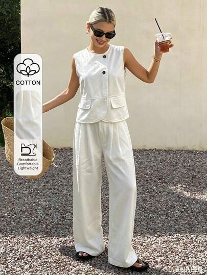 Livesso 女士白色纯棉圆领无袖上衣搭配休闲牛仔裤套装，适合春夏度假穿着