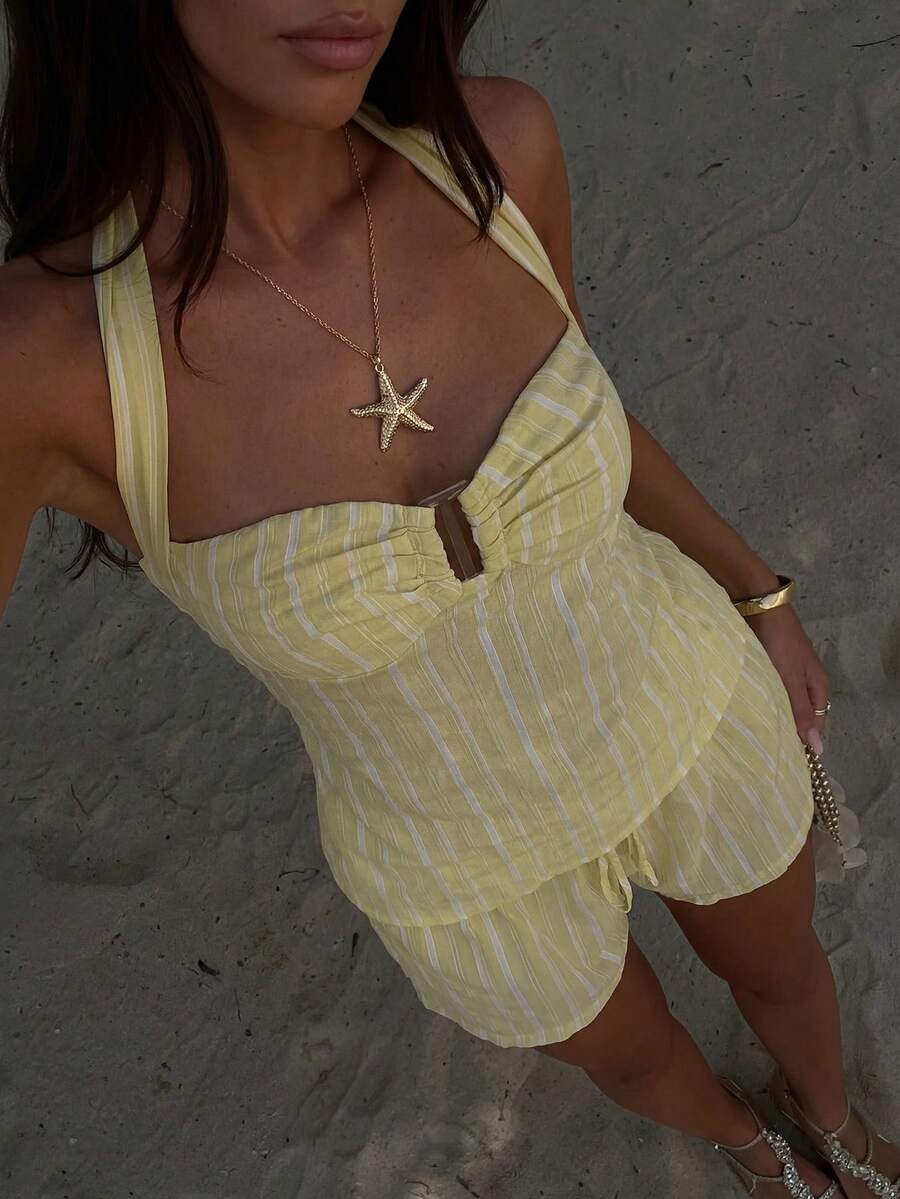 Opulessa Women's Woven Striped Halter Neck Top, Spring/Summer,Summer Top - Yellow - View 1