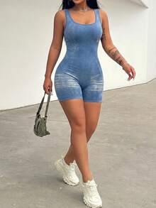 BamGleam Women's Casual Blue Rib-Knit Scooped Neck Sleeveless Short Unitard In Knitted Fabric - Blue - View 6