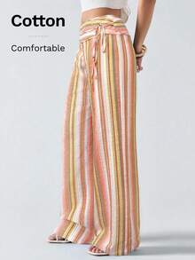 SHEIN EZwear 彩色条纹系带拼接加大码休闲裤，春夏款 - 橘色 - 查看 1